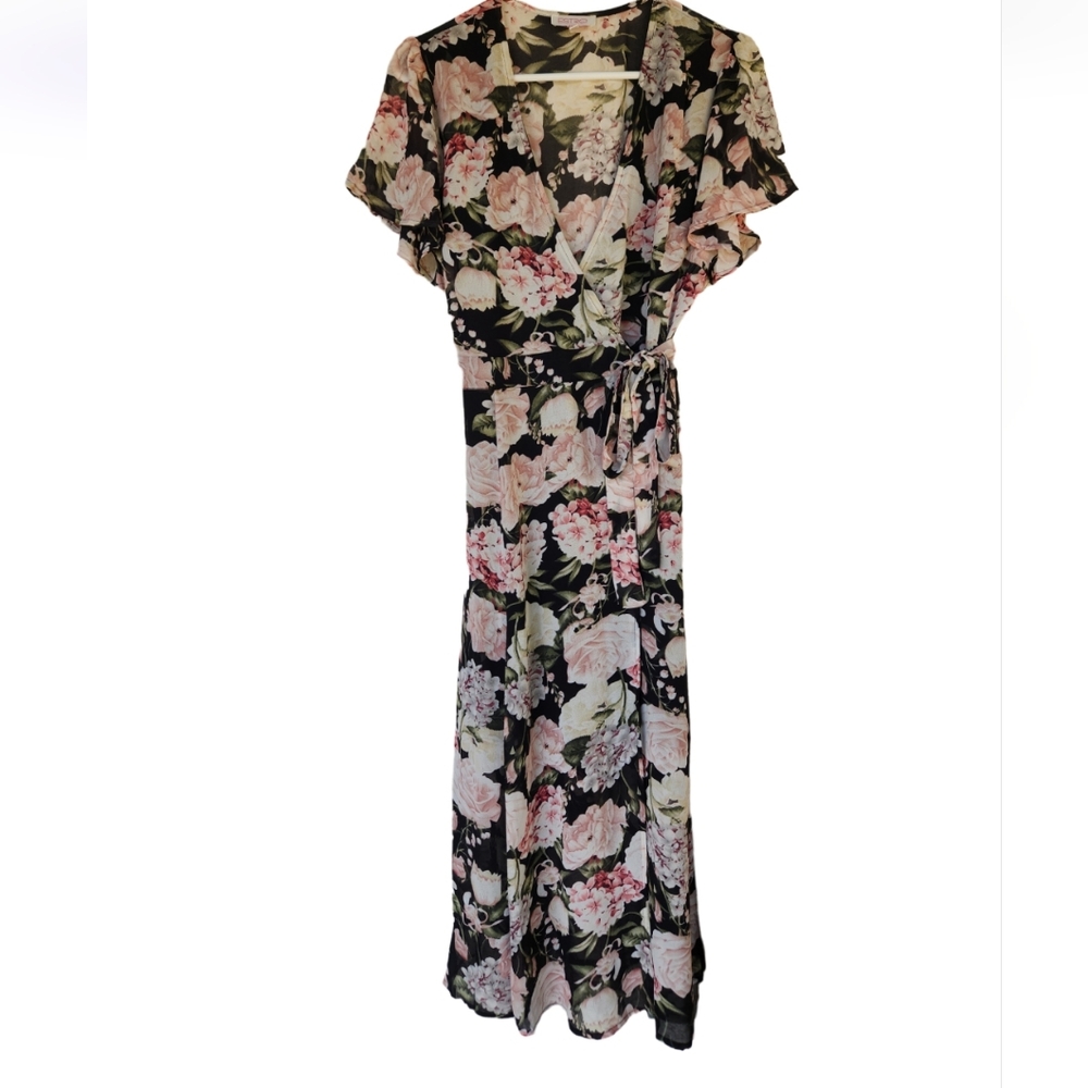NWOT Black Multi-Colored Floral Wrap Dress, Flutter Sleeves, Size M